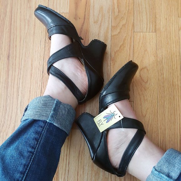 Fly London Shoes - [SOLD] Fly London Black leather Mary Jane Cross Strap Wedge Heels